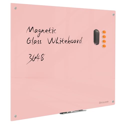 Magnetic Glass Dry Erase Board - White Board 48 x 36 Inch Wall Mounted Glass Whiteboard, Large Frameless Glass White Board for Wall Office, Home & School, Pink - color: Pink, size: 48"W x 36"H