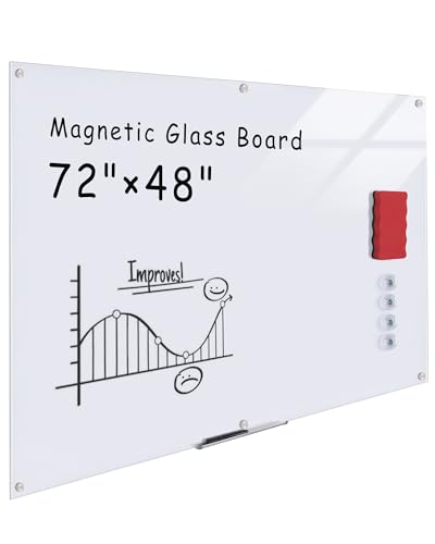 Mifuro Magnetic Glass Whiteboard，72"x48" Wall Mounted Frameless Dry Erase Board for Office, Home & School Ultra White - color: Ultra White, size: Size-72 x 48 inches