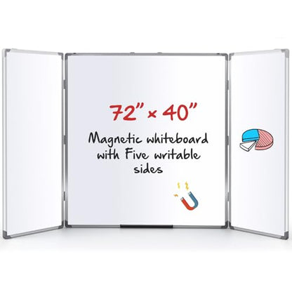 AmazingSpark 72” x 40” Foldable Whiteboard Dry Erase Board Large Tri Folding Whiteboard Magnetic Dry Erase Board, Wall Aluminium Frame and Pen Tray for Office, Home - size: 72"W x 40"H