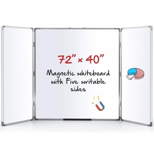 AmazingSpark 72” x 40” Foldable Whiteboard Dry Erase Board Large Tri Folding Whiteboard Magnetic Dry Erase Board, Wall Aluminium Frame and Pen Tray for Office, Home - size: 72"W x 40"H