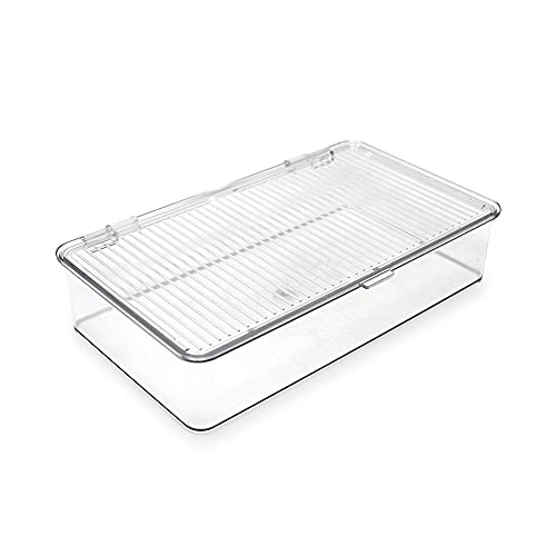 Isaac Jacobs Small Stackable Organizer Bin (10.75” x 6.5” x 2.4”) w Hinged Lid Clear Storage Box Home Office School Fridge Bathroom Kitchen Pantry Container BPAFree Food Safe (Small Clear) - size: Small