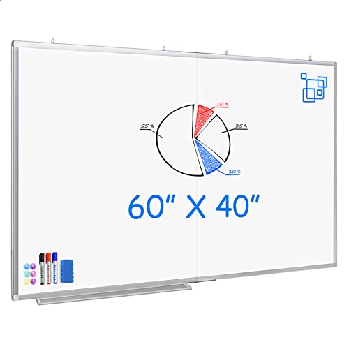 White Board Dry Erase 60x40, Large Magnetic Whiteboard Maxtek Dry Erase Boards for Wall, Aluminum Presentation Wall-Mounted Marker Board with a Long Pen Tray for School, Classroom, Office & Home - size: 60"W x 40"H, style: Style B