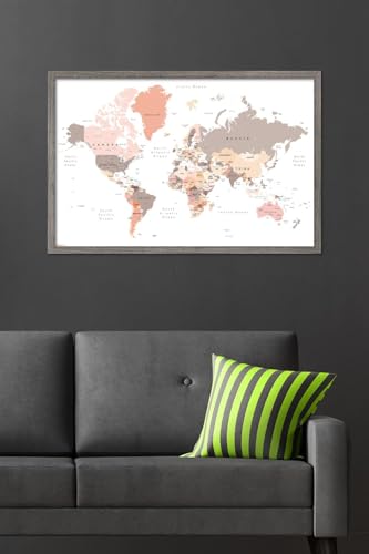 Geography - World Map Neutral Earth Tones 26 Wall Poster, 34L" x 22.4W", Barnwood Framed Version - color: Barnwood Framed Version, size: 34L" x 22.4W"