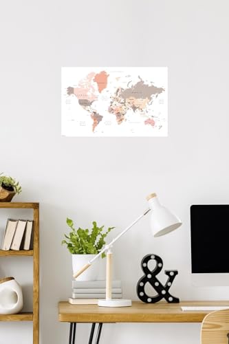 Geography - World Map Neutral Earth Tones 26 Wall Poster, 22.4L" x 14.7W", Premium Poster & Mount Bundle - color: Premium Poster & Mount Bundle, size: 22.4L" x 14.7W"