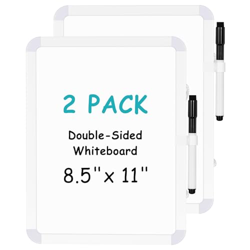 2 Pack Small White Board, 8.5" x 11" Double-Sided Dry Erase Whiteboard | Portable Mini Board for Fridge, Wall, Locker, Adhesive Mount, Hang & Magnetic Strip Mount, Stain-Resistant, No Ghosting - size: 8.5''x11''-2 Pack