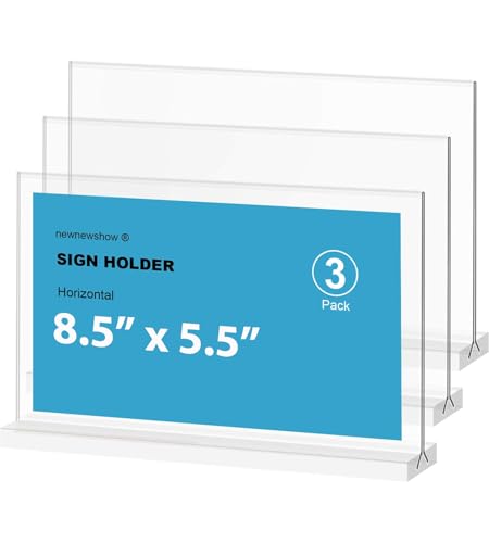 newnewshow Acrylic Sign Holder 8.5x5.5 Inch 3 Pack Horizontal T Shape Double-Sided Desktop Display Holder. (Optional 8.5x11 8.5x5.5 5x7 Horizontal and Vertical) - size: 3 Pack 8.5*5.5
