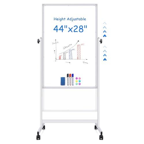 maxtek Rolling White Board, 44 x 28 Height Adjustable Whiteboard on Wheels, Large Magnetic Standing Mobile Easel Board, Double-Sided with Stand for Office, Home, and Classroom - style: 44x28 in Silver