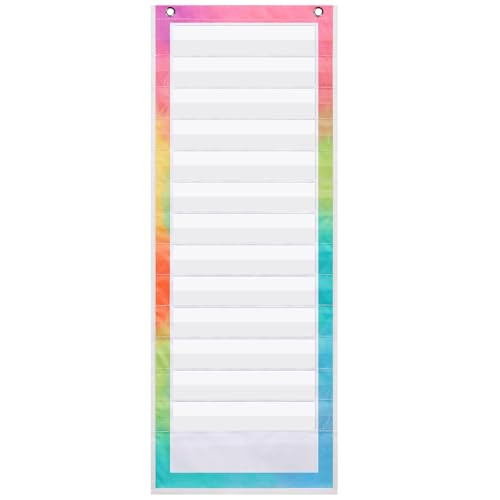 Eersida Classroom Pocket Chart with 13+1 Pockets 18 Dry-eraser Blank Cards and 2 Hooks, 13 x 35.4 Inch Teacher Educational Tools Chart for Office Home Preschool Kindergarten Activity(Colorful) - style: Colorful
