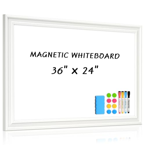 White Board for Wall, 36'' x 24'' Magnetic Dry Erase Board, Decorative Whiteboard with Plain White Wooden Frame, Hanging Writing Board for Home Office School Dorm - color: Plain White, size: 36"W x 24"H