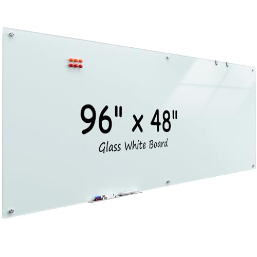 MaxGear 96" x 48" Glass Whiteboard Wall Mounted for Office Home Classroom | Magnetic Glass Dry Erase Board, Tempered Glass, Steel Backed, Non-Porous Surface, Frameless Design, Hardware Included - color: White, size: 96"W x 48"H