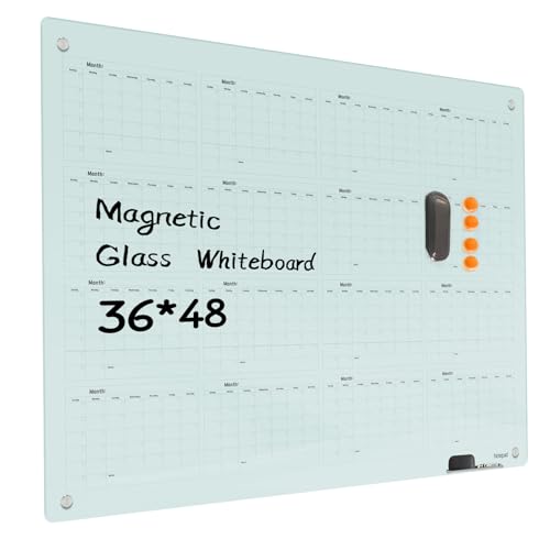 Magnetic Glass Dry Erase Board Calendar- White Board 48 x 36 Inch Wall Mounted Yearly Whiteboard, Large Frameless Glass White Board for Wall Office, Home & School - color: Yearly, size: 48"W x 36"H