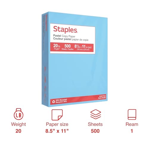 Staples 30% Recycled, 8.5 x 11 Inch, 20 lbs, 500-Sheets Pack, Blue, For Office, School & Home - style: Blue