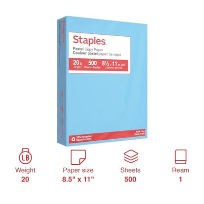 Staples 30% Recycled, 8.5 x 11 Inch, 20 lbs, 500-Sheets Pack, Blue, For Office, School & Home - style: Blue