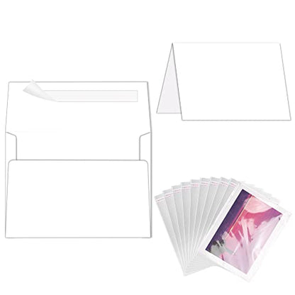 Blank White Cards and Envelopes with Clear Cello Bags, Goefun 100 Pack 5 x 7 Folded Cardstock and A7 Envelopes Self Seal for Invitations, Wedding, Birthday and DIY Greeting Cards - color: White A7 (Poly Bags), size: 5x7