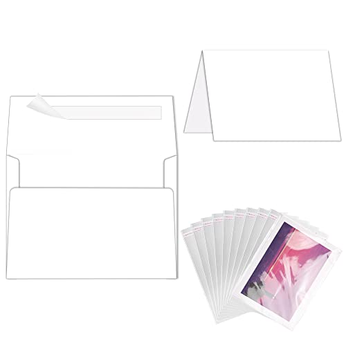 Blank White Cards and Envelopes with Clear Cello Bags, Goefun 100 Pack 5 x 7 Folded Cardstock and A7 Envelopes Self Seal for Invitations, Wedding, Birthday and DIY Greeting Cards - color: White A7 (Poly Bags), size: 5x7