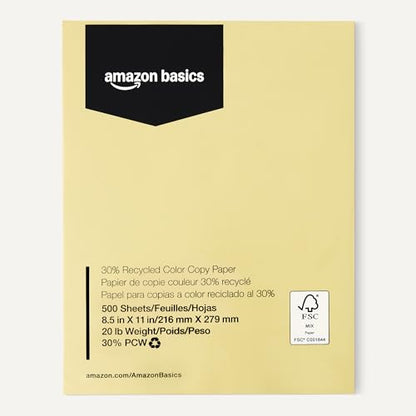 Amazon Basics 30% Recycled Color Copy Paper, 8.5" x 11", 20lb, Pastel Canary, 500 Sheets - color: Pastel Canary, size: 8.5" x 11"
