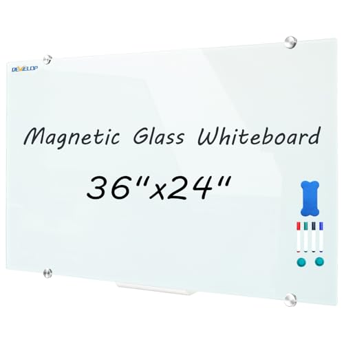 DEVELOP Magnetic Glass Dry Erase Board/Whiteboard, Wall Mounted Glass White Board, Frameless with Aluminum Marker Tray, 36 x 24 Inch (90x60cm), Includes 4 Dry Erase Markers 1 Eraser and 2 Magnets - color: White, size: 36x24 inch