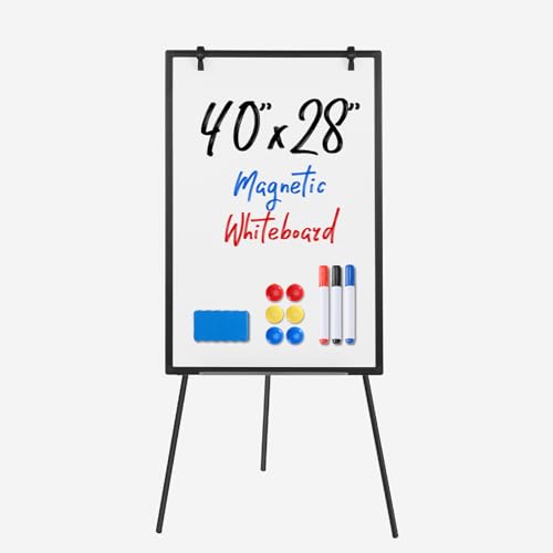 DUMOS Magnetic White Board Easel 40"x28", Silver Aluminium Frame & Black | 40"x28" magnetic dry erase. Height 42"-65.4" for adults & kids. Foldable for classroom. Includes tray & 2 magnets. - color: Black Frame(with Stand), size: 40"x28"