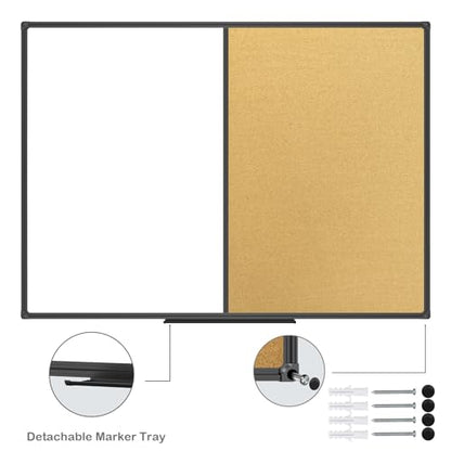 JILoffice White Board & Bulletin Corkboard Combination, Combo Board 48 x 36 Magnetic Whiteboard, Black Aluminum Frame Wall Mounted Board for Office Home and School with 10 Push Pins - size: 48"x36"-Black, style: vertical