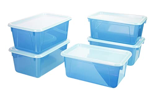 Storex Small Cubby Bins – Plastic Storage Containers for Classroom with Non-Snap Lid, 12.2 x 7.8 x 5.1 inches, Tint Teal, 5-Pack (62486A05C) - color: Candy Teal, size: 12.2 x 7.8 x 5.1 Inches, style: Bin with Cover