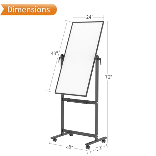 VIZ-PRO Double-Sided Magnetic Mobile Whiteboard, 48 x 24 Inches, Black Aluminium Frame and Stand - size: 48"W x 24"H