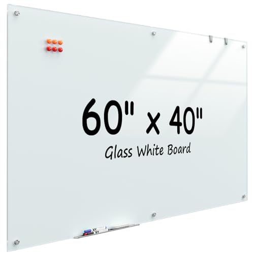 MaxGear Glass Whiteboard Wall Mounted, Frameless Magnetic Dry Erase Board, Tempered Glass, Steel-Backed, Non-Porous Smooth Surface, Floating Design, Accessories Included, for Office Home Classroom - color: White, size: 60"W x 40"H