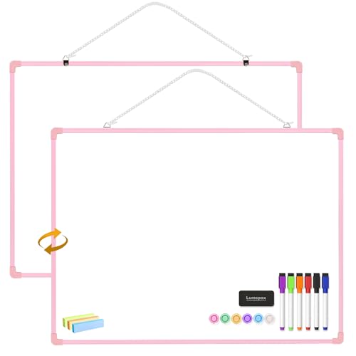 Dry Erase Board for Wall, 24" x 18" Double-Sided Hanging Magnetic Whiteboard with 6 Markers, 6 Magnets and 3 Mini Sticky Notes, Large White Board for School, Home, Office, Pink Frame - color: Pink, size: 24"x18"
