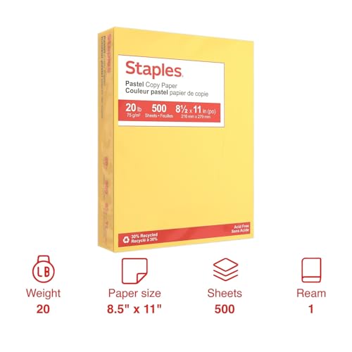 Staples 30% Recycled, 8.5 x 11 Inch, 20 lbs, 500-Sheets Pack, Canary, For Office, School & Home - style: Canary