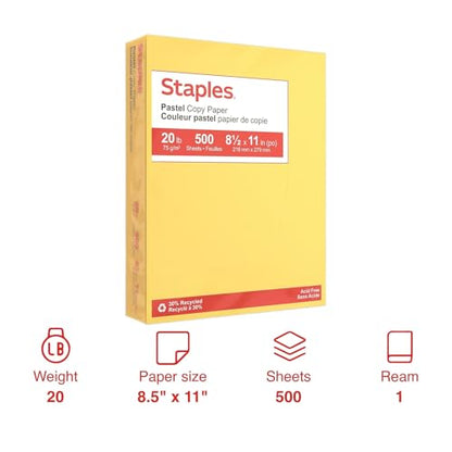 Staples 30% Recycled, 8.5 x 11 Inch, 20 lbs, 500-Sheets Pack, Canary, For Office, School & Home - style: Canary
