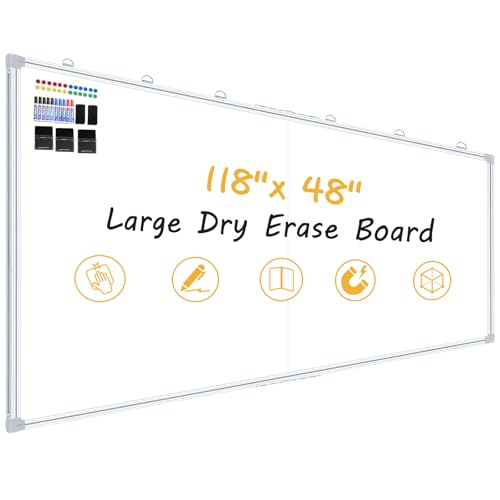118"X48" Large Magnetic Whiteboard - Dry Erase Board, 10x4 Ft, Foldable Design, Non-Reflective Coating Surface Ultra-Wide Office White board, Silver Frame For Lecture Hall (Full Kit Included) - color: White, size: 118"W x 48"H