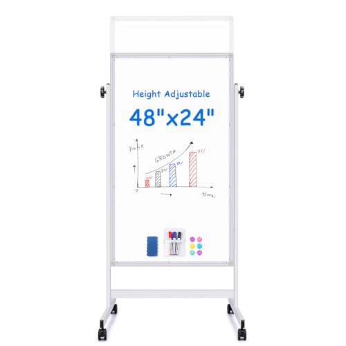 maxtek Rolling White Board, 48 x 24 Height Adjustable Whiteboard on Wheels, Large Magnetic Standing Mobile Easel Board, Double-Sided with Stand for Office, Home, and Classroom - style: 24X48 in Silver