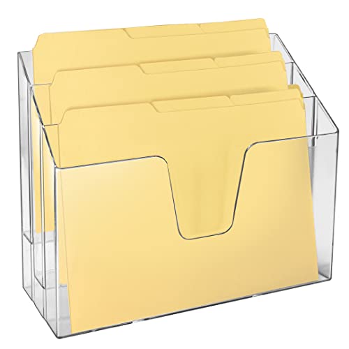 Acrimet Horizontal Triple File Folder Holder Organizer, Open-Top Desktop Document Sorter for Letter Size Papers & Folders, Includes 9 Manila Folders, Plastic Clear Crystal