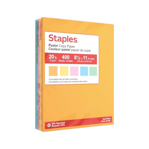 Staples Recycled Pastel Multipurpose Paper, 20 lbs., 8.5-inch x 11-inch, Assorted, 400 Sheets/Pack - style: Assorted