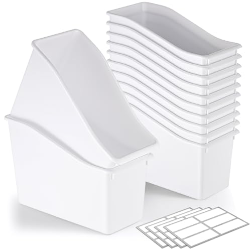 Geetery 6 Pcs Book Bin for Classroom with Labels Stackable Plastic Organizing Bins 11.5 x 5.4 x 7.5 in Book Holders Storage Bins Box Baskets for Classroom Library Home (White) - color: White