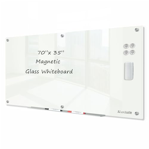 J&J worldwide Magnetic Glass Whiteboard 70x35 Inch, Frameless Tempered Glass Dry Erase Board Wall Mounted Includes Markers, Eraser, Magnets, Mounting Kit for Office Home& School - color: White, size: 70"W x 35"H