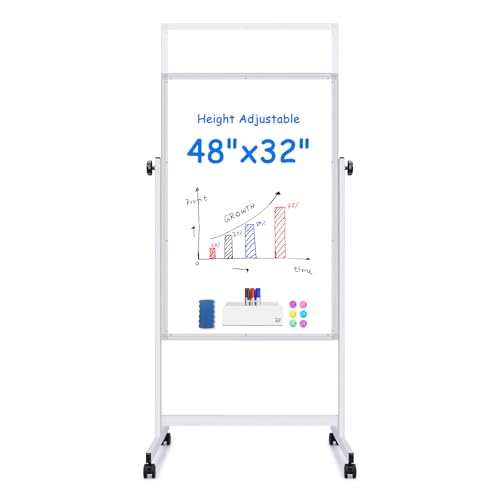 maxtek Rolling White Board, 48 x 32 Height Adjustable Whiteboard on Wheels, Large Magnetic Standing Mobile Easel Board, Double-Sided with Stand for Office, Home, and Classroom - style: 48x32 in Silver