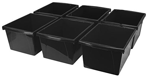 Storex 4 Gallon Storage Bin – Plastic Classroom Organizer for Books and Supplies, Black, 6-Pack (61466U06C)