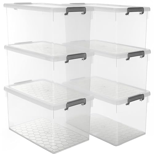 Citylife 48 Qt Ultra-Thick (3.82mm) Clear Plastic Storage Bins with Lids, 6-Pack Stackable Straight-Wall Closet Organizers with Honeycomb Base & Pinch-Free Latches for Garage, Clothes & Holiday Decor - size: 48 QT, style: 6 Pack