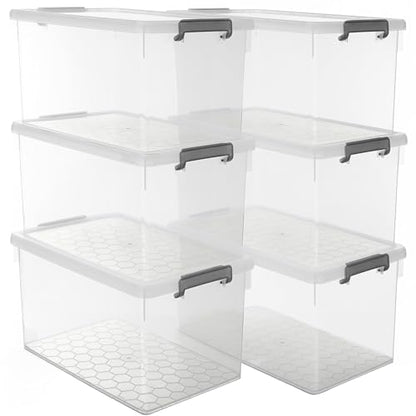 Citylife 48 Qt Ultra-Thick (3.82mm) Clear Plastic Storage Bins with Lids, 6-Pack Stackable Straight-Wall Closet Organizers with Honeycomb Base & Pinch-Free Latches for Garage, Clothes & Holiday Decor - size: 48 QT, style: 6 Pack