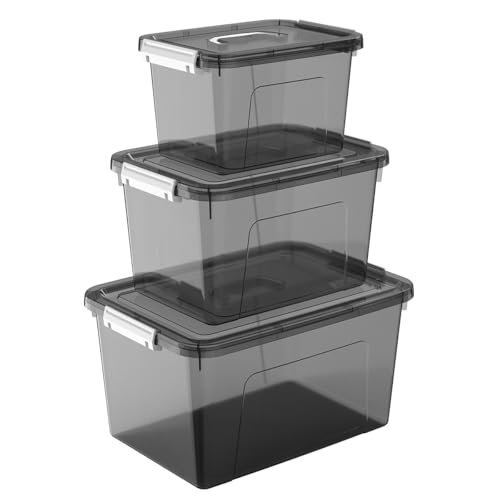Plastic Storage Bins with Lids, 3 Pack Mixed Sizes (22 Qt, 16 Qt, 7 Qt) Clear Black Stackable Organizer Boxes with Latches for Closet, Pantry, Garage, Bathroom, Office - color: Black, size: 7qt/16qt/22qt