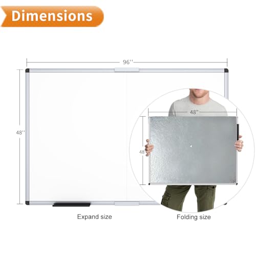 VIZ-PRO Magnetic Dry Erase Board, 96 X 48 Inches, Foldable Wall-Mounted Whiteboard with Silver Aluminum Frame & Marker Tray for School Office and Home 8' X 4' - size: 96"W x 48"H