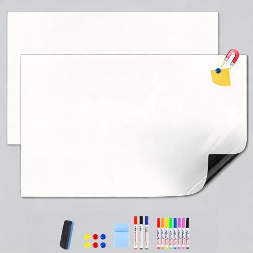 Flexible Magnetic Whiteboard 40"x18" (2 Pack) - Self-Adhesive PET Sheet, 11 Markers, 6 Magnets, Eraser & Holder, Ultra Smooth, No Ghosting, Cut to Size for Home Office, Playroom, Kitchen - size: 40"x18" (2 Pack)