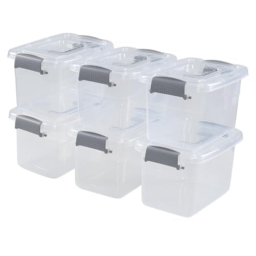 5 L Plastic Lidded Storage Bin, 6 Pack Clear Latch Container Box | with Handle - color: Gray handle