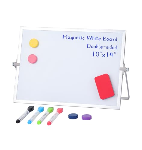 MXG 10x14 Inch Double Sided Magnetic Dry Erase Board with Stand | 360 Adjustable Small White Board with Markers Magnets & Eraser, Portable Mini Whiteboard for Desk, Wall, Office, & Classroom - size: 10"W x 14"H