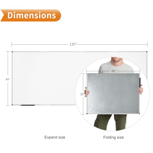 VIZ-PRO Magnetic Dry Erase Board, 120 X 48 Inches, Foldable Wall-Mounted Whiteboard with Silver Aluminum Frame & Marker Tray for School Office and Home 10' X 4' - size: 120"W x 48"H