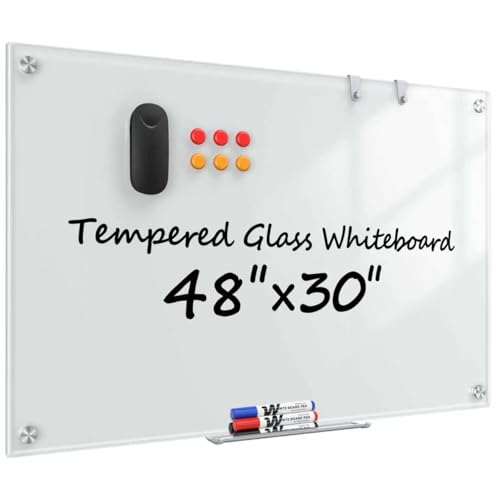 Glass Whiteboard 48" x 30", Frameless Wall Mounted Dry Erase Board with Tempered Glass Surface, Steel-Backed Magnetic Support, Tray, Eraser, Markers & Magnets for Office, School, Home - size: 48"W x 30"H