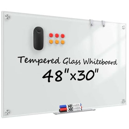 Glass Whiteboard 48" x 30", Frameless Wall Mounted Dry Erase Board with Tempered Glass Surface, Steel-Backed Magnetic Support, Tray, Eraser, Markers & Magnets for Office, School, Home - size: 48"W x 30"H