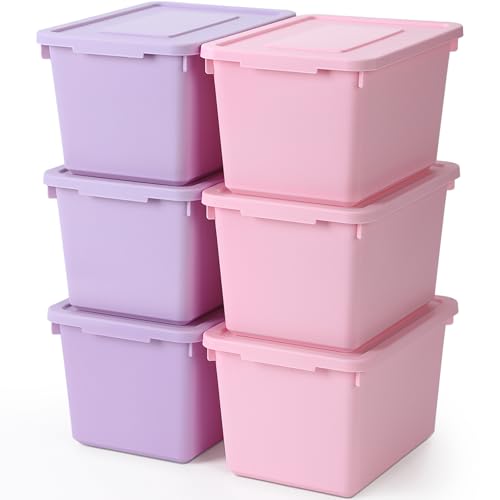 Potchen 6 Pack Small Stackable Storage Bins with Lids Plastic Cute Storage Boxes 9.8" ×7.3" ×5.7" Decorative Storing Bins for Organizing Craft Office Classroom Supplies (Pink,Purple) - color: Pink, Purple
