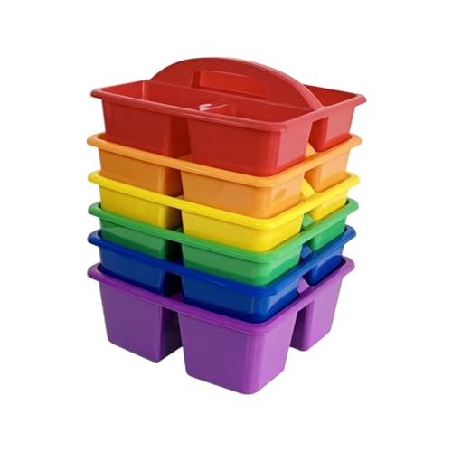 RAUVOLFIA Set of 6 Classroom Caddy, Small Plastic Storage Caddy with Handle for Classrooms, Home and Office Organization, 3 Compartment (Rainbow) - color: Rainbow