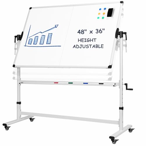 TANKEE Mobile Whiteboard 48 X 36 Inches Height Adjustable Large Standing White Board on Wheels, Rolling Double-Sided Magnetic Dry Erase Board for Office School Classroom Home - color: White, size: 48"x36"